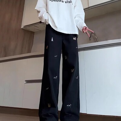 黑色小狗刺绣牛仔裤男夏季薄款潮