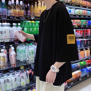 潮牌潮流宽松短袖 贴标开衩七分袖 半袖 胖子加肥大码 体恤 t恤男夏季