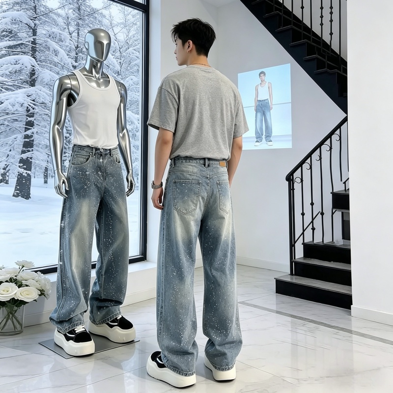 大码高街烫钻牛仔裤男满天星微喇图片