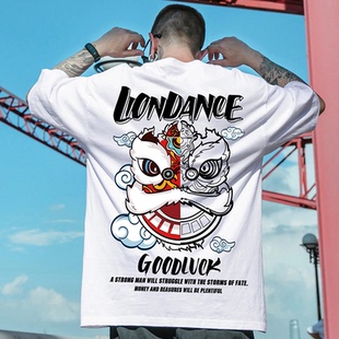 狮子头衣服复古港风纯棉情侣装 中国风国潮醒狮t恤男短袖 潮牌大码