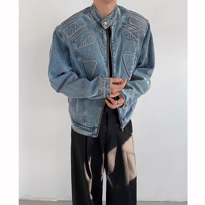 美式cleanfit牛仔褂子男春秋款立领垫肩短款夹克复古水洗工装外套