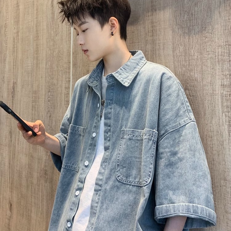 工装牛仔短袖衬衫男夏季宽松复古