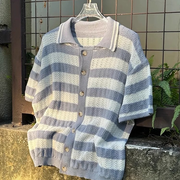 cleanfi镂空提花针织短袖衬衫男款夏季撞色海岛设计感衬衣薄外套