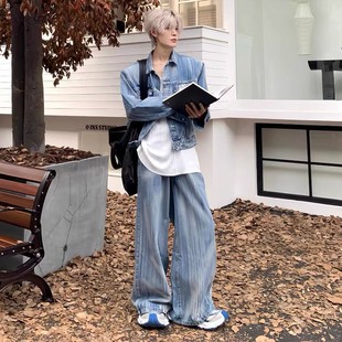 美式 牛仔外套男宽松休闲痞帅外套潮 小众复古做旧水洗肌理垫肩短款