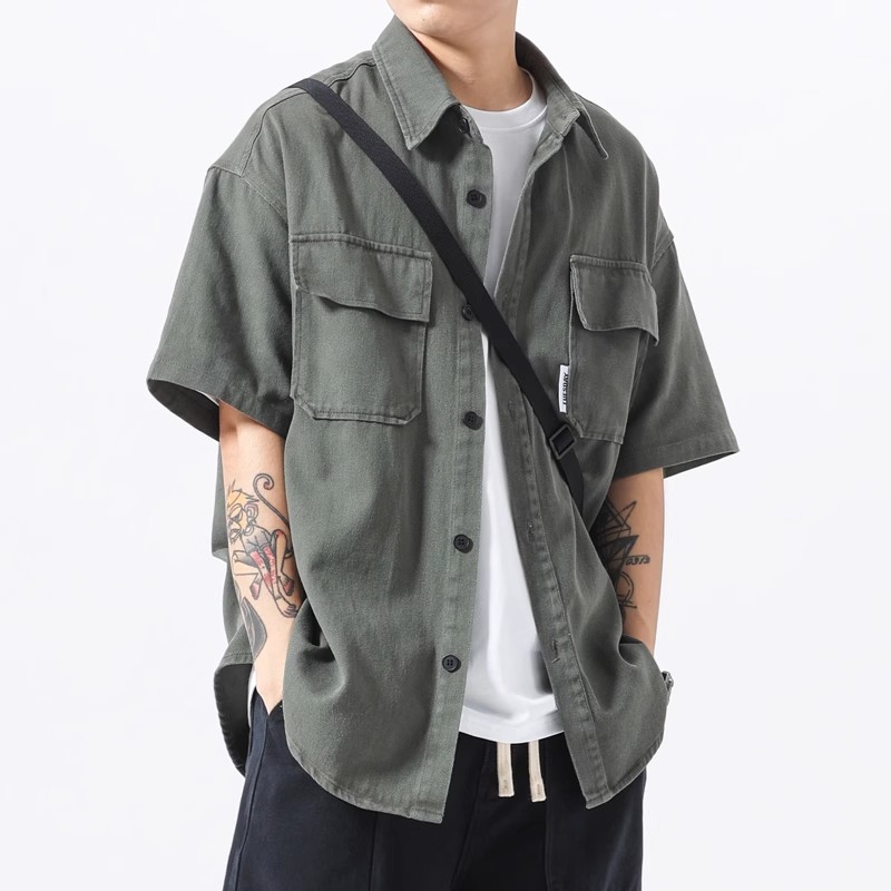 日系复古纯棉工装衬衫男士短袖