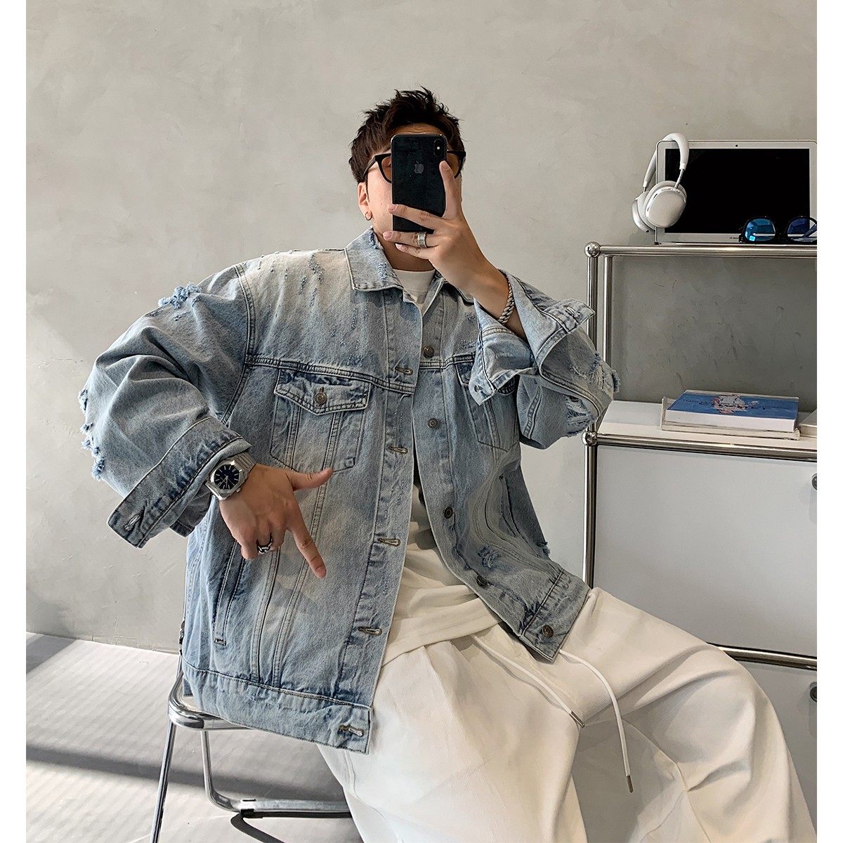 复古水洗破洞马骝牛仔夹克男春秋