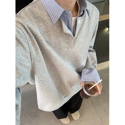 假两件翻领长袖衬衫男士秋季百搭内搭叠穿亨利打底衫衬衣休闲外套