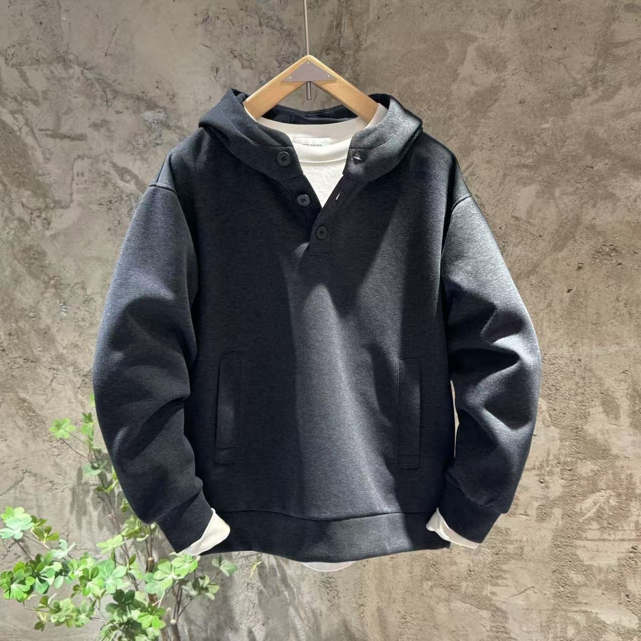 大码300斤重磅廓形短款半开口纽扣连帽卫衣男春秋高级感休闲外套