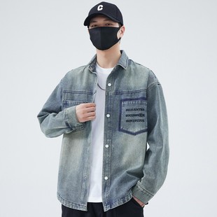 春秋牛仔衬衫 潮胖男装 外套宽松加肥加大胖子衬衣夹克 复古大码 美式