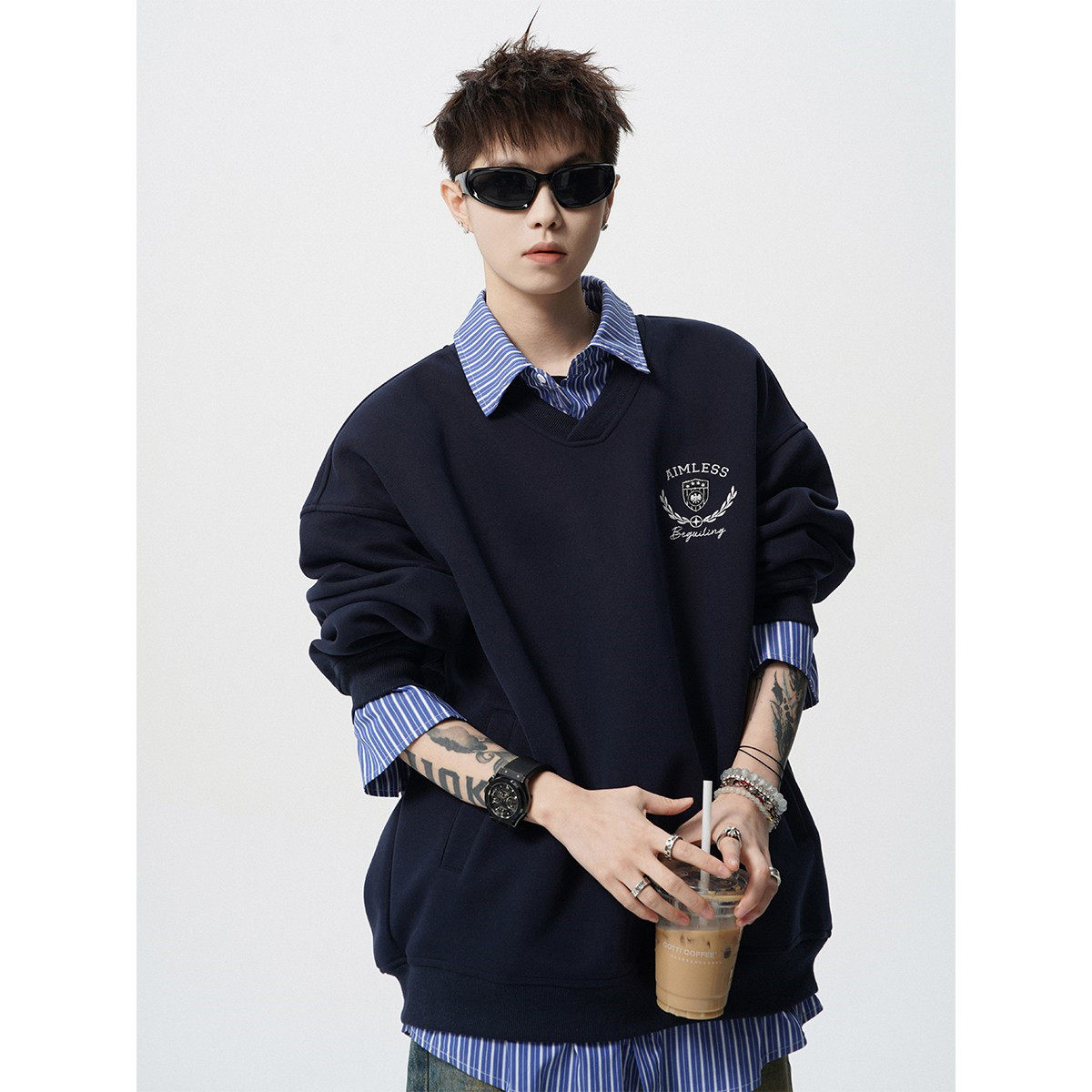 假两件情侣卫衣男秋季衬衫领外套