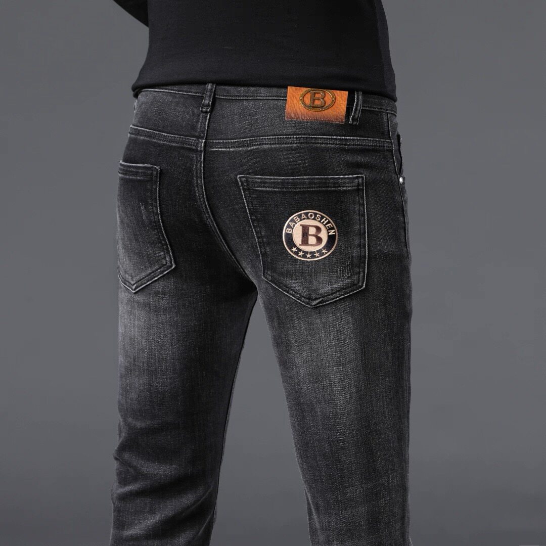 意大利高端黑灰色牛仔裤男士秋冬新款修身弹力小直筒百搭休闲长裤