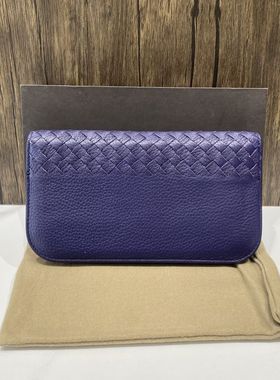 清仓特价未使用BV葆蝶家紫色羊皮编织长款拉链手包钱包