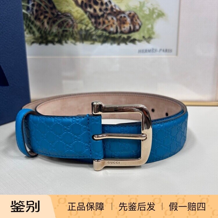 5月特价[99新]Gucci/古驰松石蓝牛皮小双G压花针扣腰带90码宽3.9