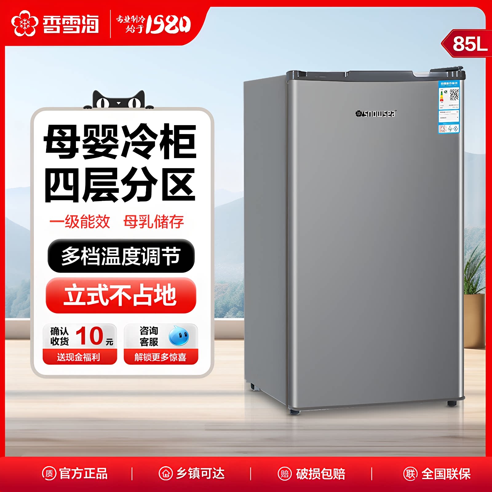 香雪海母婴冰箱立式冰柜85升家用小型冷冻柜侧开门省电一级能效