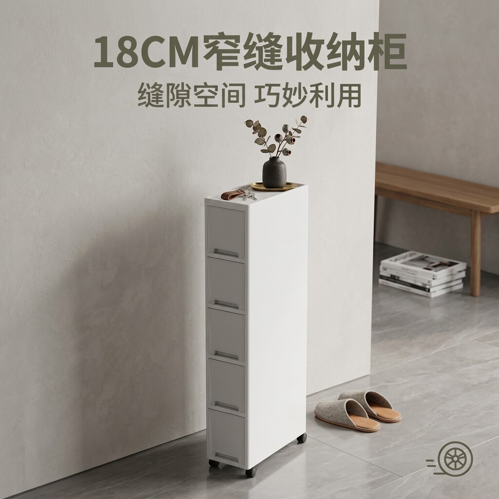 夹缝收纳柜 18CM 宽带滑轮缝隙置物架厨房卫生间多层抽屉式收纳柜