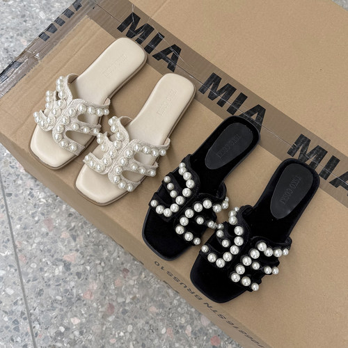 珍珠一字拖鞋外穿大码凉鞋女