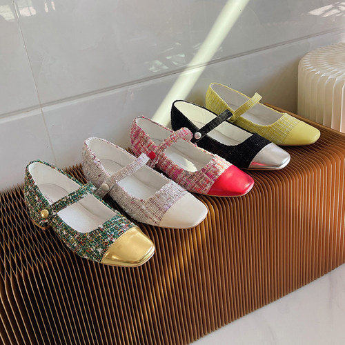 粗花呢拼色一字带粗跟玛丽珍