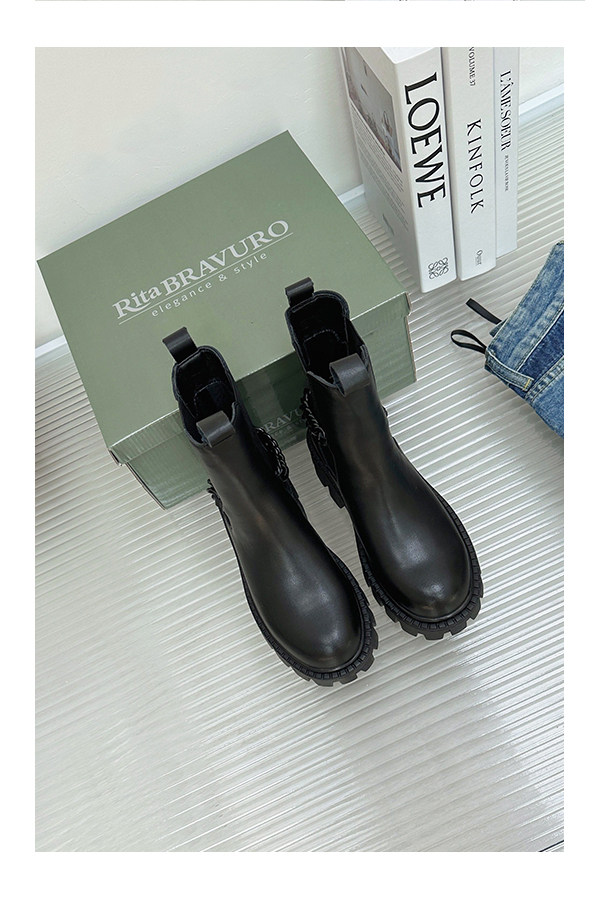 RUSSIAN ORIGINAL SINGLE TOP LAYER COWHIDE ROUND TOE CHAIN CHELSEA BOOTS BLACK LEATHER CIGARETTE BOOTS PLUS SIZE BOOTIES WOMEN