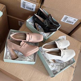 高跟鞋 时髦复古 大码 方头乐福鞋 女 外贸原单酒杯跟浅口亮面单鞋