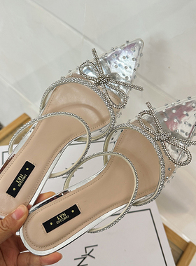 泰国单大转柜600+外贸新款蝴蝶结尖头高跟凉拖女仙女风包头穆勒鞋