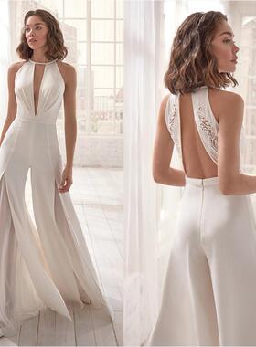 Deep V Chiffon jumpsuit 欧美性感深V领挂脖喇叭白色阔腿连体裤