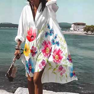 欧美波西米亚宽松大码沙滩裙度假防晒衣罩衫连衣裙衬衫裙子遮肉