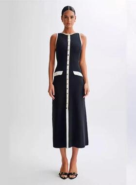 Black long knitted dress 欧美新款黑色无袖圆领修身针织连衣裙