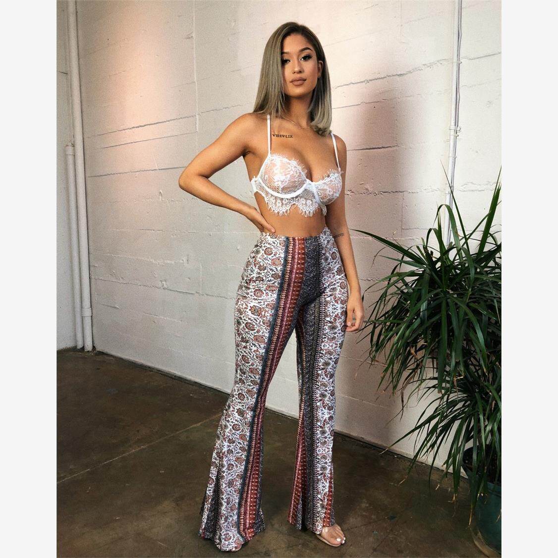Boho Summer Women's Stretch Bell Bottom Trousers Ladie Slim