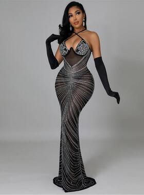 Mesh Party Dress 欧美性感网纱透视烫钻露背宴会吊带礼服长裙女