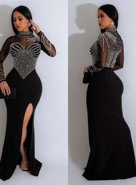 Mesh hot drill dress 欧美性感网纱烫钻钉珠收腰包臀开叉连衣裙