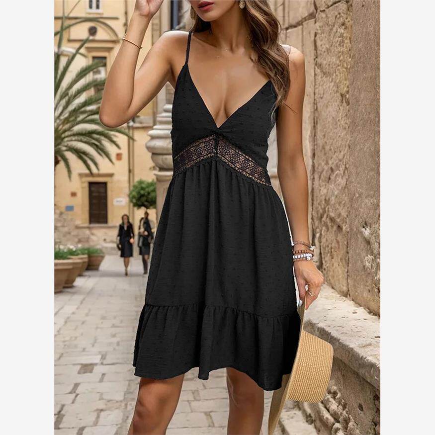 Ruffled V-neck lace patchwork suspender dress 蕾丝拼接连衣裙