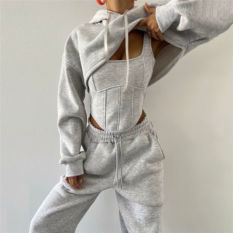 Hoodie casual suit 欧美秋冬纯色连帽卫衣罩衫吊带背心裤子套装