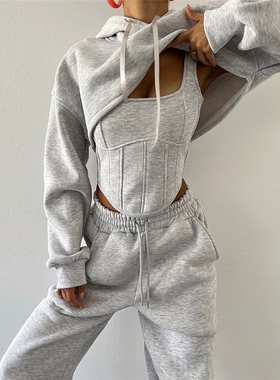 Hoodie casual suit 欧美秋冬纯色连帽卫衣罩衫吊带背心裤子套装