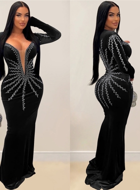 Suede party long dress 欧美性感深V领烫钻绒面长袖派对礼服长裙
