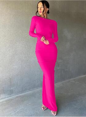 Pleated long dress 欧美性感纯色V领修身褶皱长袖两穿长款连衣裙