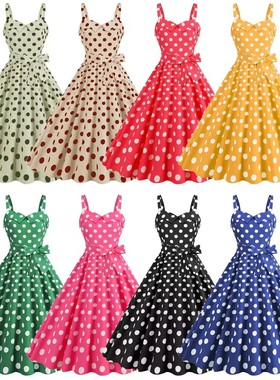 欧美风格港风气质热卖吊带性感粉红色格纹系带气质波点印花连衣裙