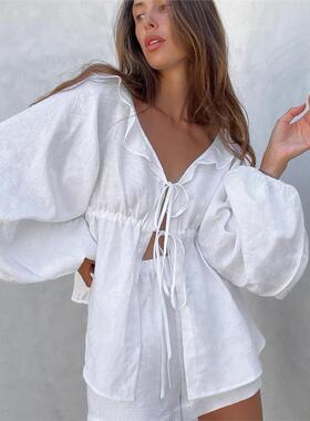 Lantern sleeve cotton set 法式白色灯笼袖V领衬衫短裤休闲套装