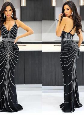 Mesh hot drill dress 欧美性感V领网纱露背烫钻收腰吊带礼服长裙