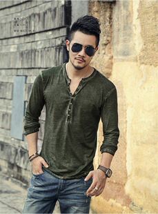 速卖通新款做旧小V领开襟男装休闲长袖亨利衫爆款T恤shirt men。