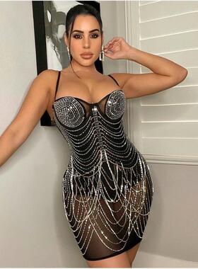 Sling Party Dress 欧美性感网纱烫钻露背流苏修身派对吊带连衣裙