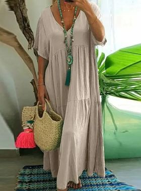 V-neck irregular multicolored large hem dressV领不规则连衣裙