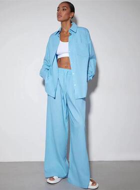 Cotton shirt pants set 蓝色棉麻翻领长袖阔脚长裤宽松休闲套装
