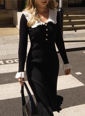 Knitted long dress 法式秋冬新款娃娃领喇叭袖荷叶边针织连衣裙