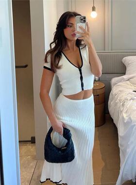 White knitted shirt skirt set性感V领短袖衬衫半身裙针织套装女