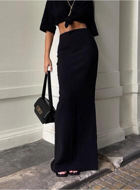 Black long skirt 欧美夏季新款黑色高腰显瘦包臀长款百搭半身裙