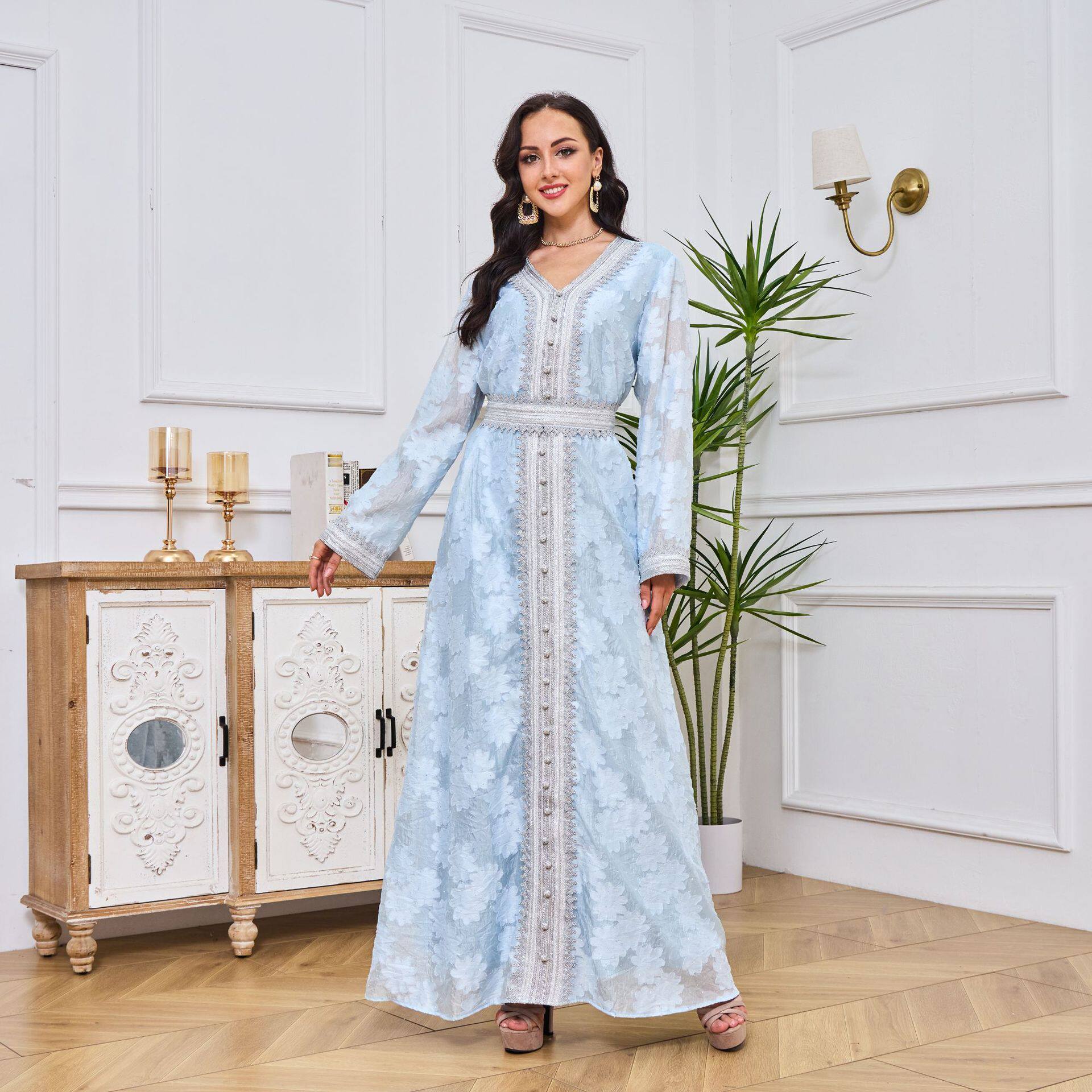 提花烫钻银色花边长袍旅游长裙 dress women