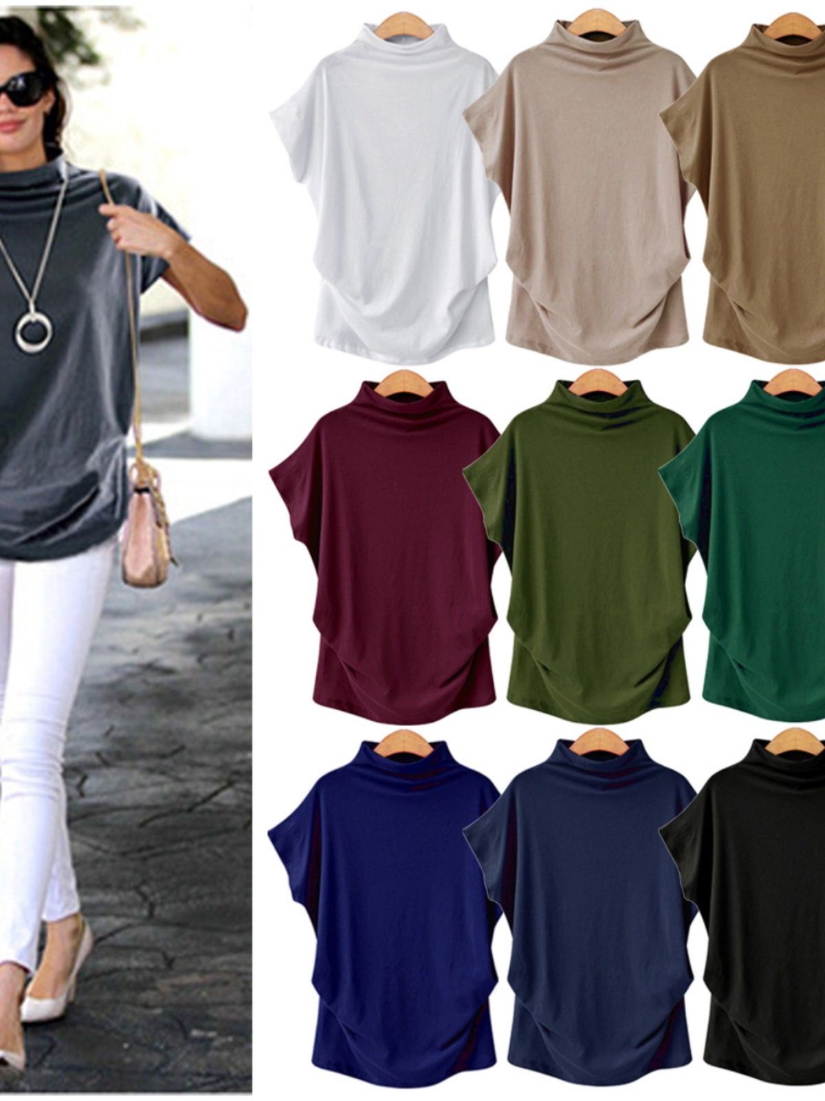 欧美风格夏季时尚大码女装高领上衣 亚马逊爆款蝙蝠袖短袖t恤女潮
