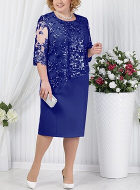大尺码女装圆领天蓝色蕾丝拼接假两件五分袖洋装晚宴服潮DRESS