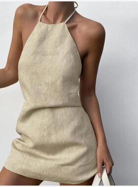 Cotton sling dress欧美性感纯色棉麻挂脖系带露背高腰短裙连衣裙