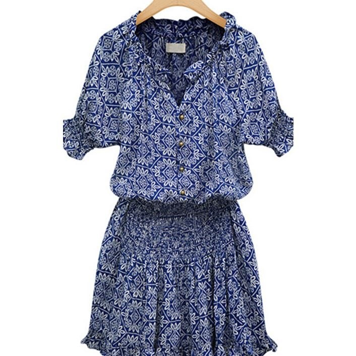 风蓝色印花V领短袖连衣裙短裙Dress Short skirt